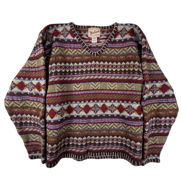 Vintage 90s Woolrich Wool Sweater L Fair Isle Floral Knit Hong Kong Boho Cottage - Picture 3 of 14